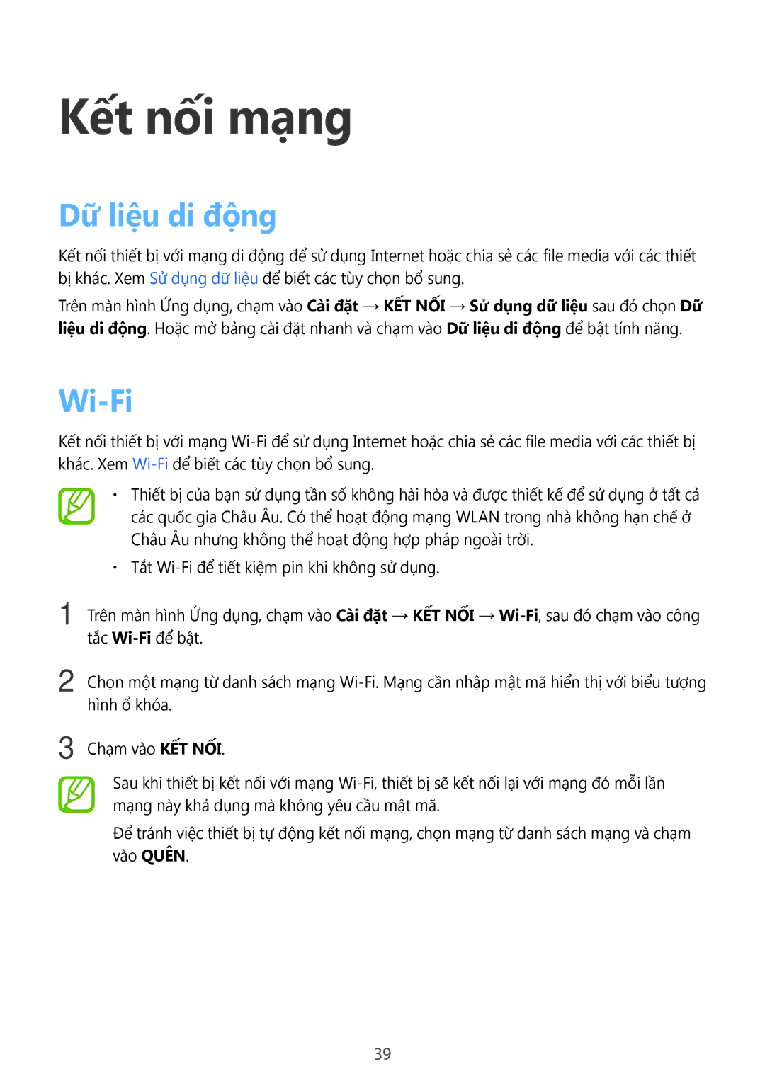 Samsung SM-T805NZWAXXV, SM-T705NTSAXXV, SM-T805NTSAXXV, SM-T705NZWAXXV manual Kết nối mạng, Dữ liệu di động, Wi-Fi 
