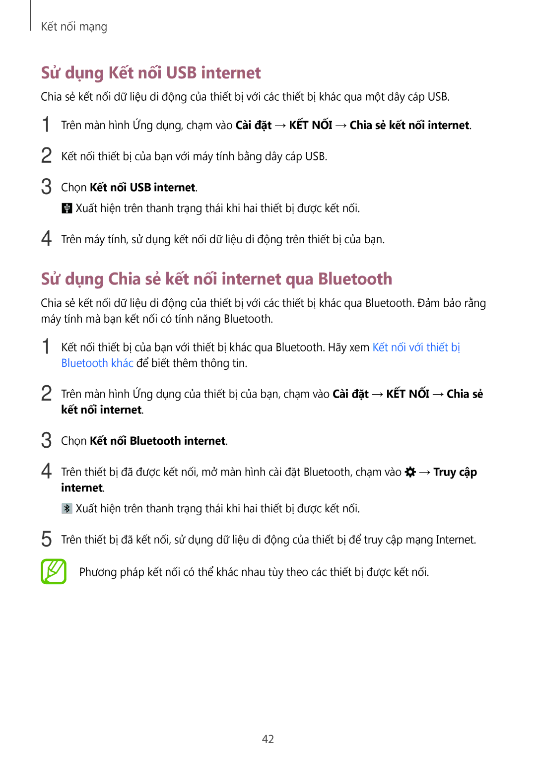 Samsung SM-T705NZWAXXV, SM-T705NTSAXXV manual Sử dụng Kết nối USB internet, Sử dụng Chia sẻ kết nối internet qua Bluetooth 