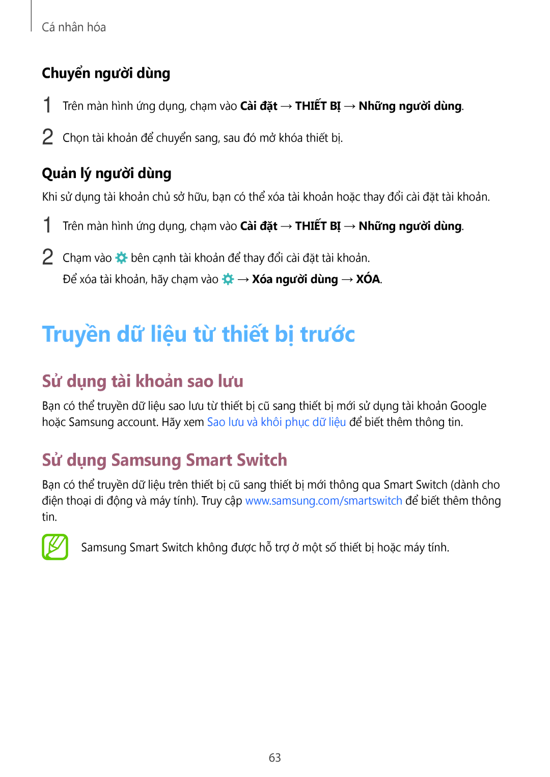 Samsung SM-T805NZWAXXV manual Truyền dữ liệu từ thiết bị trước, Sử dụng tài khoản sao lưu, Sử dụng Samsung Smart Switch 