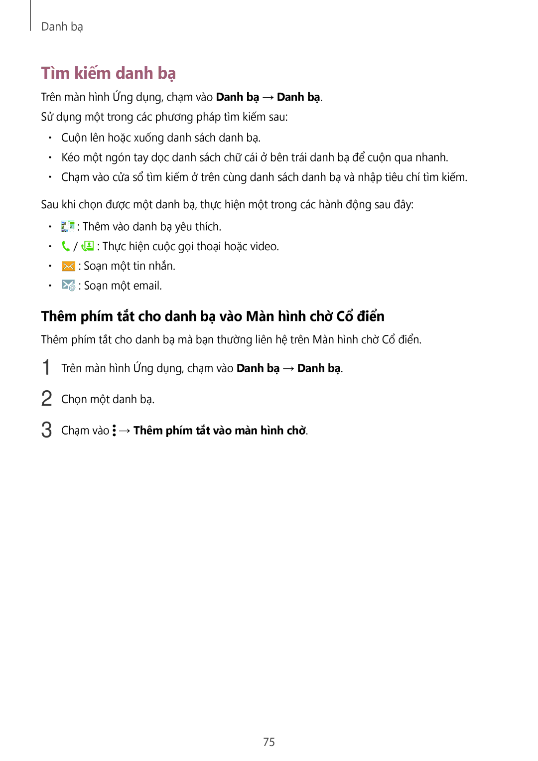 Samsung SM-T805NZWAXXV, SM-T705NTSAXXV manual Tìm kiếm danh bạ, Thêm phím tắt cho danh bạ vào Màn hình chờ̀ Cổ điển 