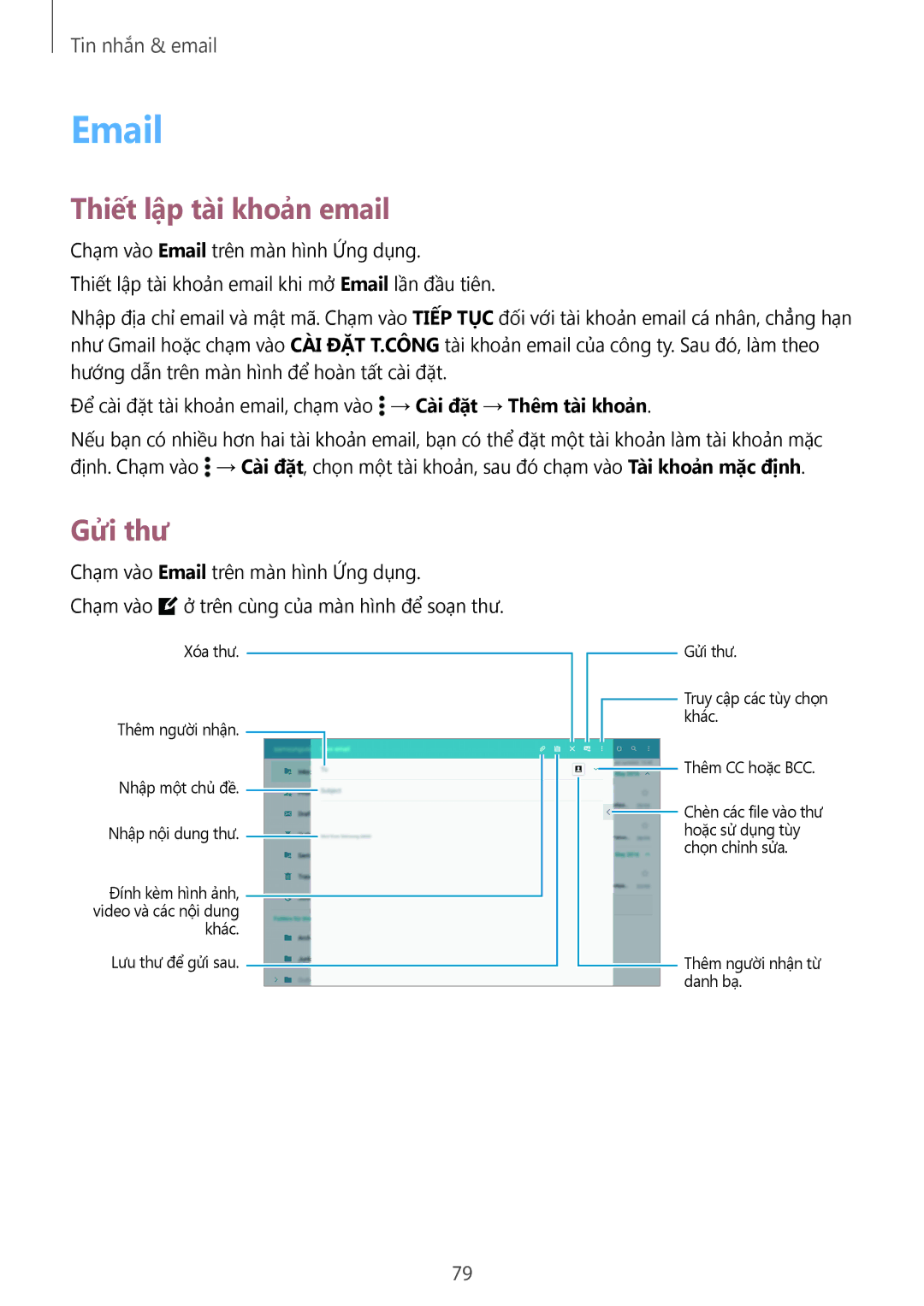 Samsung SM-T805NZWAXXV, SM-T705NTSAXXV, SM-T805NTSAXXV, SM-T705NZWAXXV manual Thiết lập tài khoản email, Gửi thư 