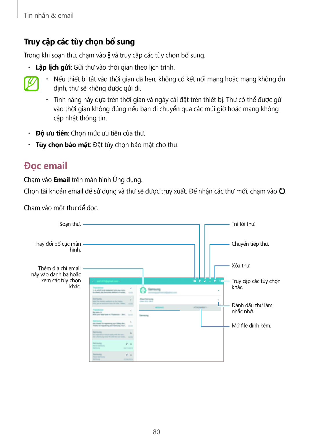 Samsung SM-T705NTSAXXV, SM-T805NTSAXXV, SM-T705NZWAXXV, SM-T805NZWAXXV manual Đọc email, Truy cập các tùy chọn bổ sung 