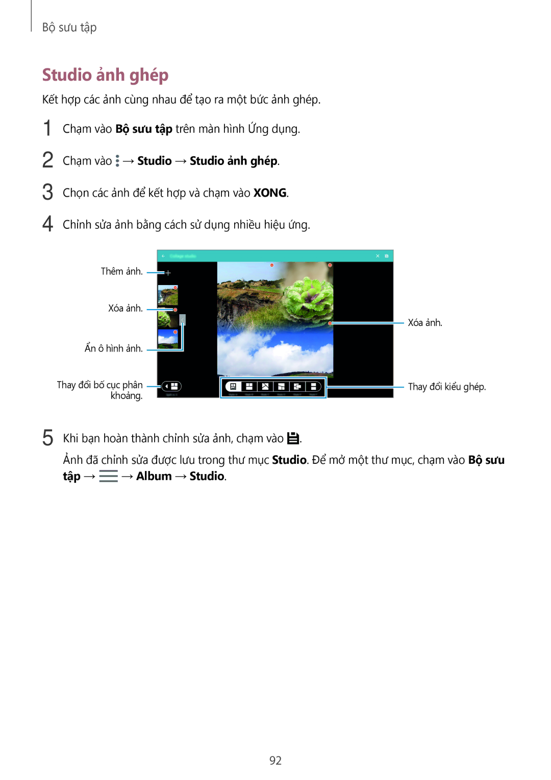 Samsung SM-T705NTSAXXV, SM-T805NTSAXXV, SM-T705NZWAXXV manual Chạm vào → Studio → Studio ảnh ghép, Tập → → Album → Studio 