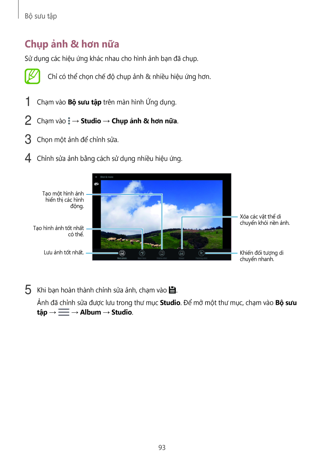 Samsung SM-T805NTSAXXV, SM-T705NTSAXXV, SM-T705NZWAXXV, SM-T805NZWAXXV manual Chạm vào → Studio → Chụp ảnh & hơn nữa 