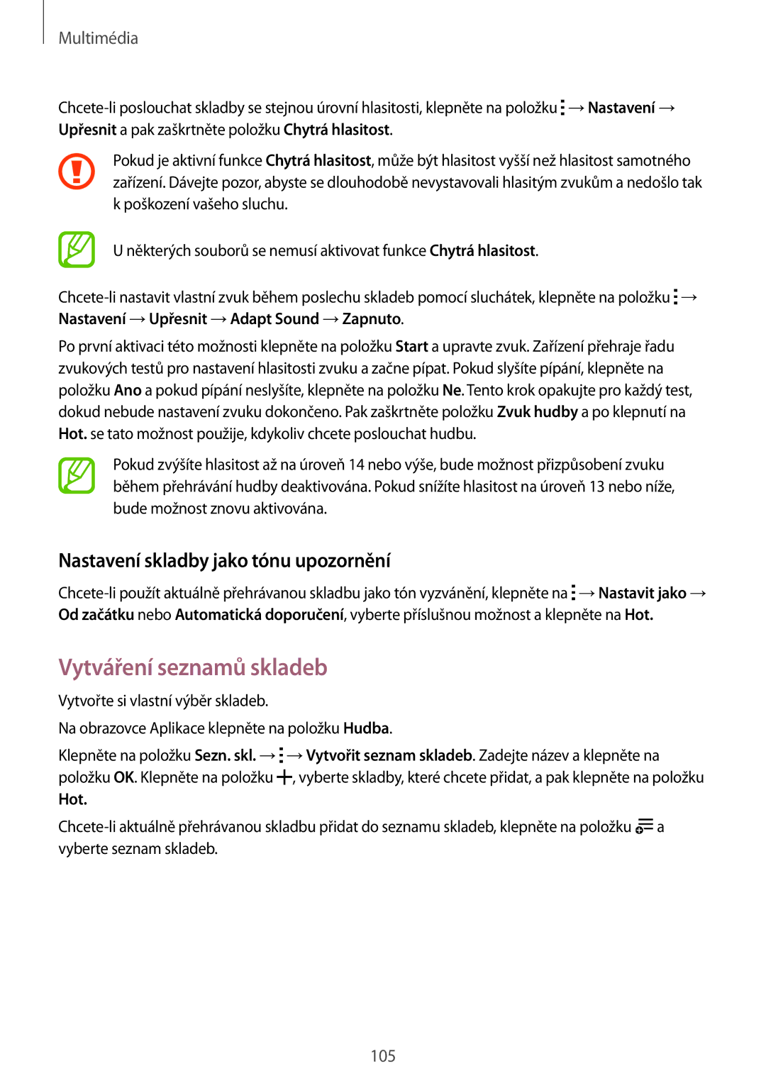 Samsung SM-T705NTSAXEH, SM-T705NZWAATO manual Vytváření seznamů skladeb, Nastavení skladby jako tónu upozornění, Hot 