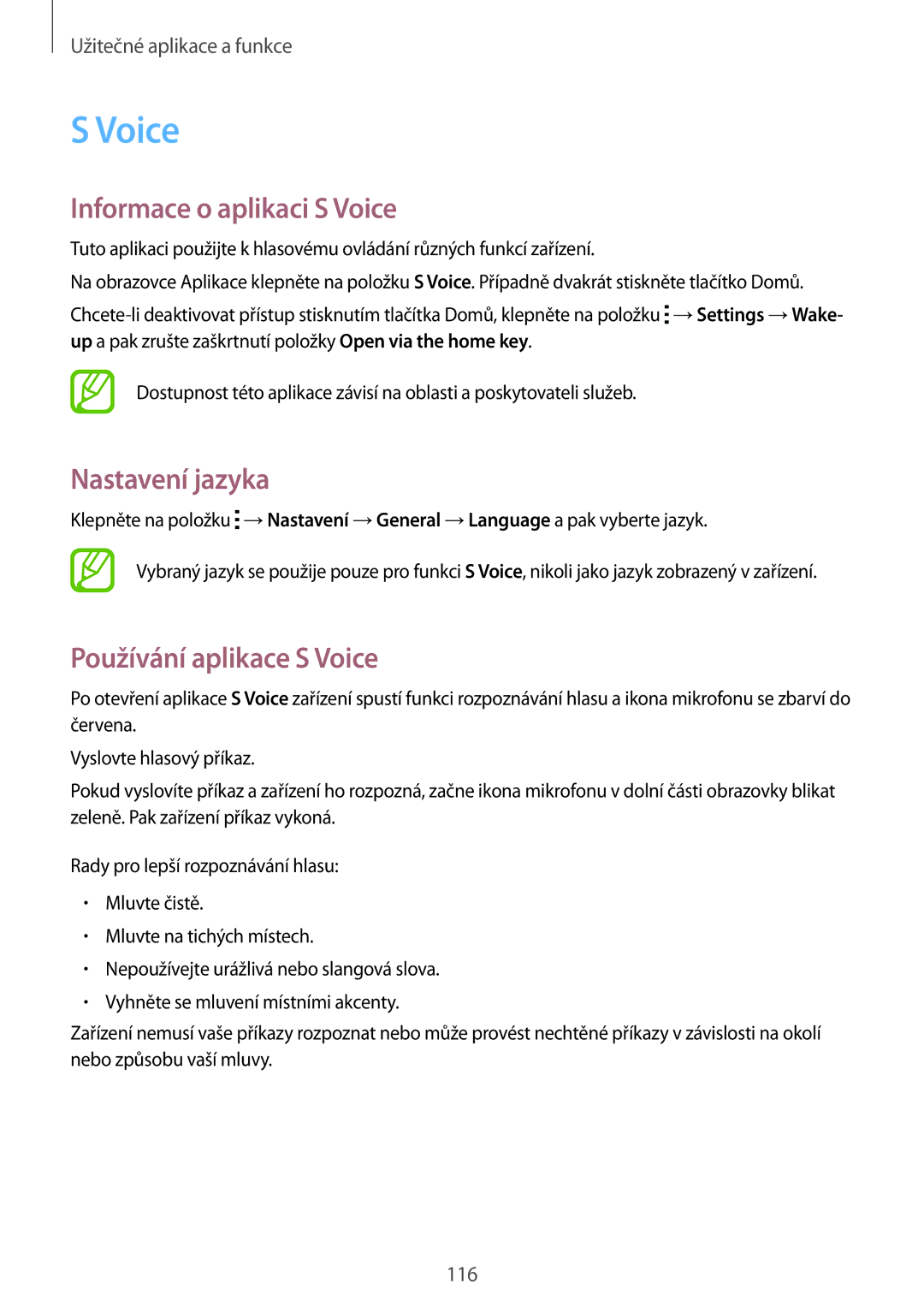 Samsung SM-T705NZWAPAN, SM-T705NZWAATO manual Informace o aplikaci S Voice, Nastavení jazyka, Používání aplikace S Voice 