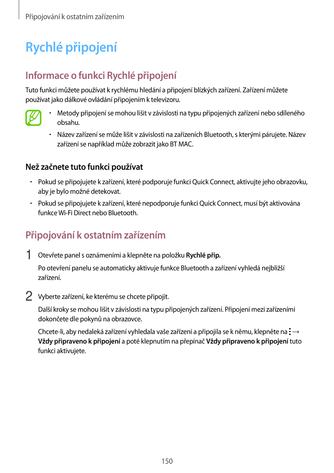 Samsung SM-T705NTSAXEZ, SM-T705NZWAATO manual Informace o funkci Rychlé připojení, Než začnete tuto funkci používat 
