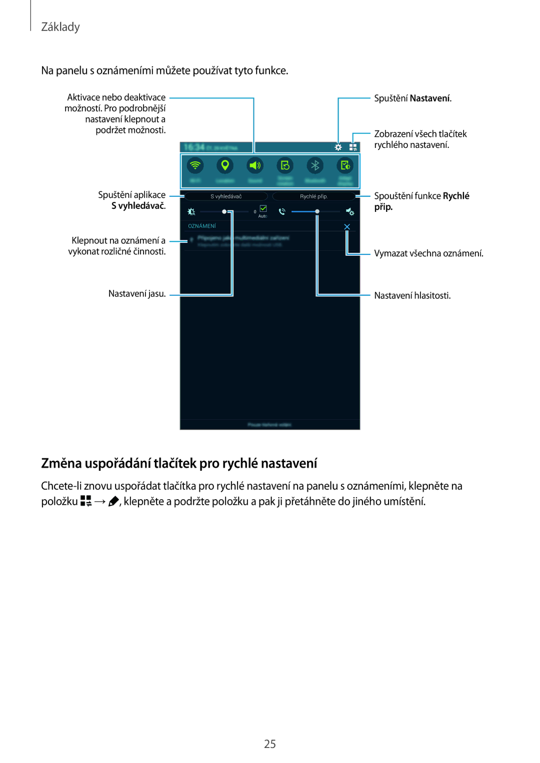 Samsung SM-T705NZWAXEO Změna uspořádání tlačítek pro rychlé nastavení, Na panelu s oznámeními můžete používat tyto funkce 