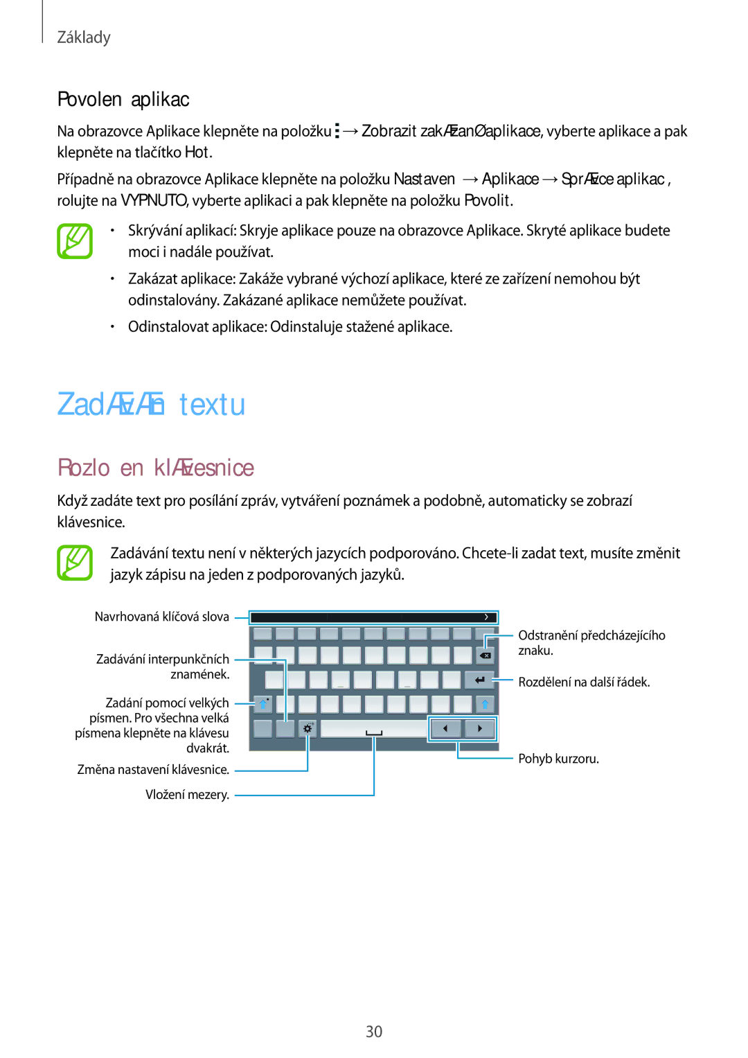 Samsung SM-T705NTSAXEZ, SM-T705NZWAATO, SM-T705NZWAXEO manual Zadávání textu, Rozložení klávesnice, Povolení aplikací 