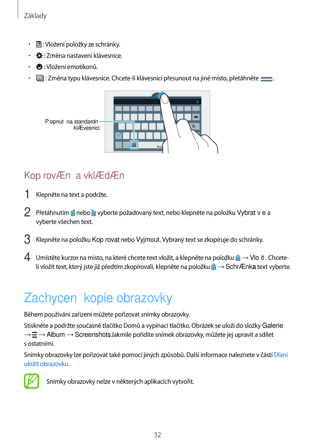 Samsung SM-T705NZWAPAN, SM-T705NZWAATO, SM-T705NZWAXEO, SM-T705NZWAEUR manual Zachycení kopie obrazovky, Kopírování a vkládání 