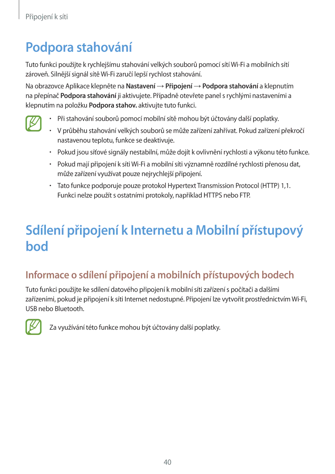 Samsung SM-T705NTSAXEO, SM-T705NZWAATO manual Podpora stahování, Sdílení připojení k Internetu a Mobilní přístupový bod 
