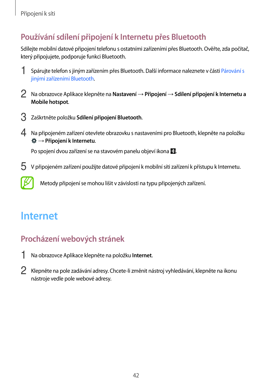 Samsung SM-T705NTSAXEZ manual Používání sdílení připojení k Internetu přes Bluetooth, Procházení webových stránek 