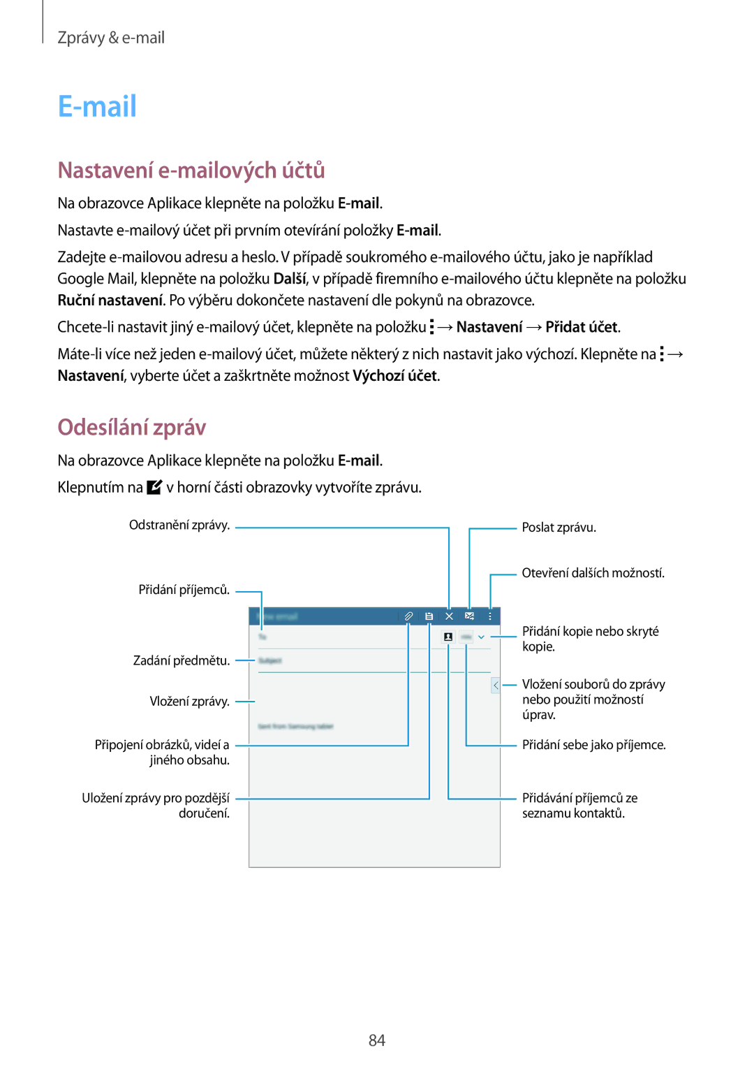 Samsung SM-T705NZWAATO, SM-T705NZWAXEO, SM-T705NZWAEUR, SM-T705NTSAATO, SM-T705NTSAXEO manual Mail, Nastavení e-mailových účtů 