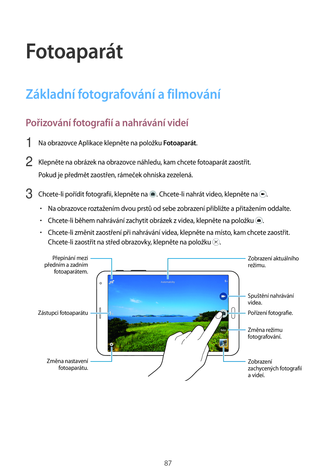 Samsung SM-T705NTSAATO manual Fotoaparát, Základní fotografování a filmování, Pořizování fotografií a nahrávání videí 