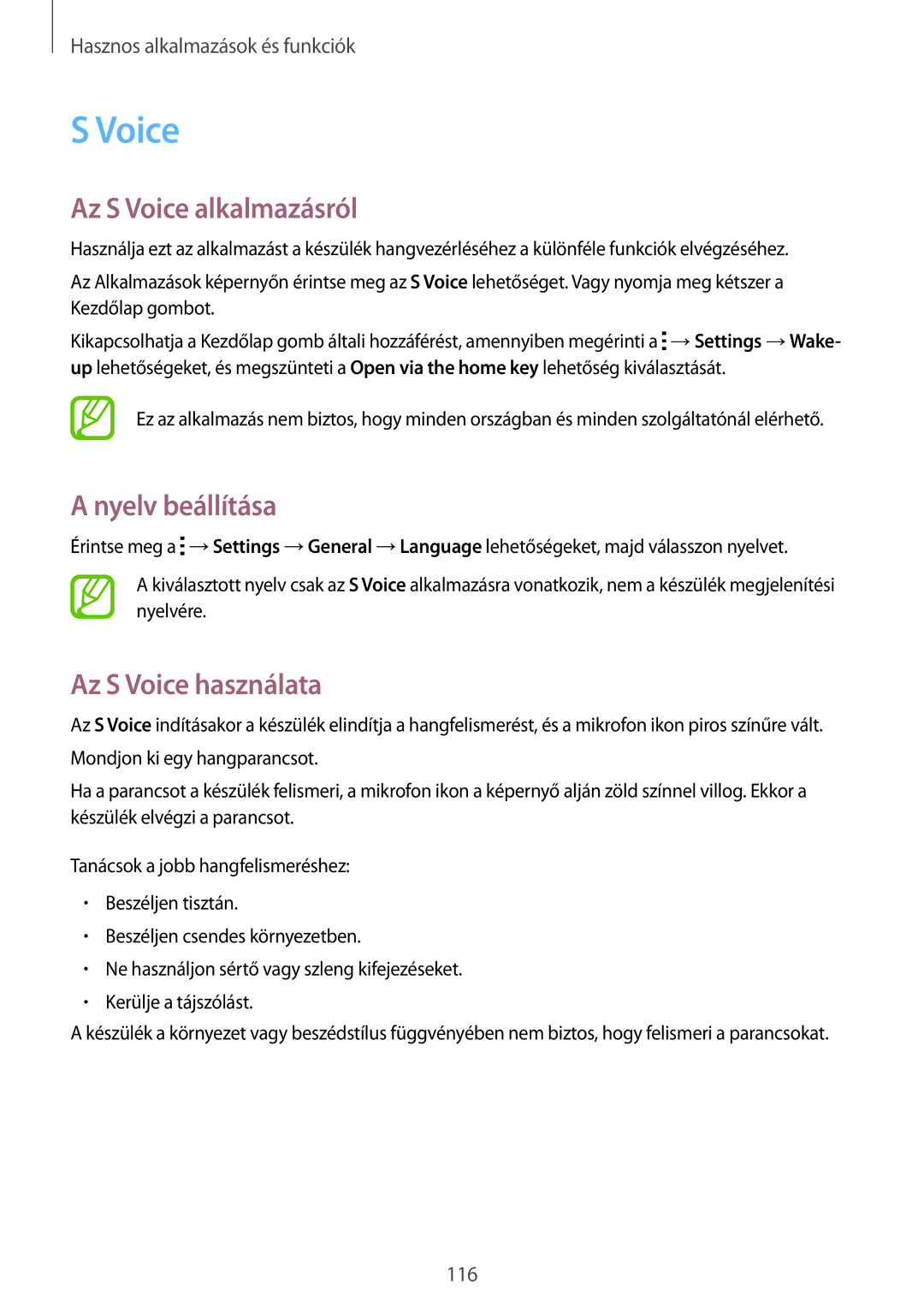 Samsung SM-T705NZWAPAN, SM-T705NZWAATO manual Az S Voice alkalmazásról, Nyelv beállítása, Az S Voice használata 
