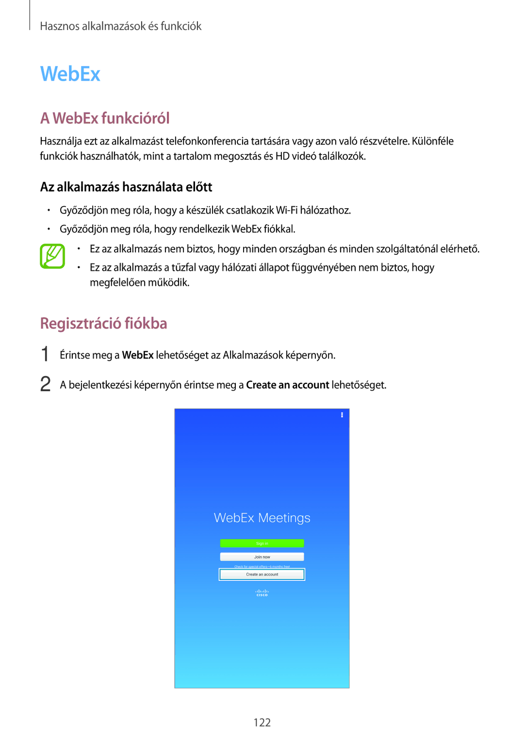 Samsung SM-T705NZWAEUR, SM-T705NZWAATO manual WebEx funkcióról, Regisztráció fiókba, Az alkalmazás használata előtt 