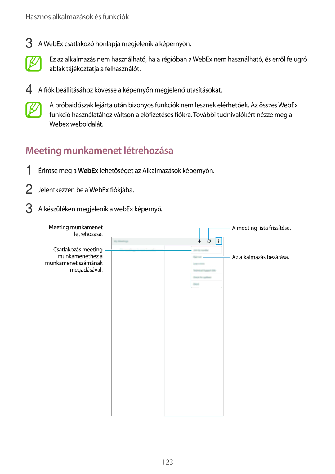 Samsung SM-T705NTSAATO, SM-T705NZWAATO, SM-T705NZWAXEO, SM-T705NZWAEUR, SM-T705NTSAXEO manual Meeting munkamenet létrehozása 