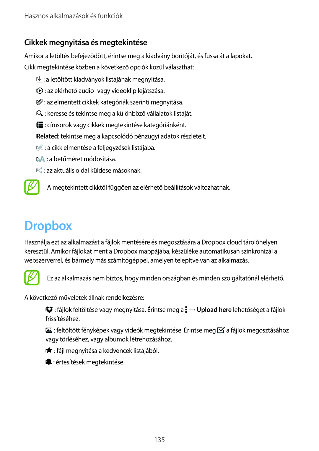 Samsung SM-T705NTSAATO, SM-T705NZWAATO, SM-T705NZWAXEO, SM-T705NZWAEUR manual Dropbox, Cikkek megnyitása és megtekintése 