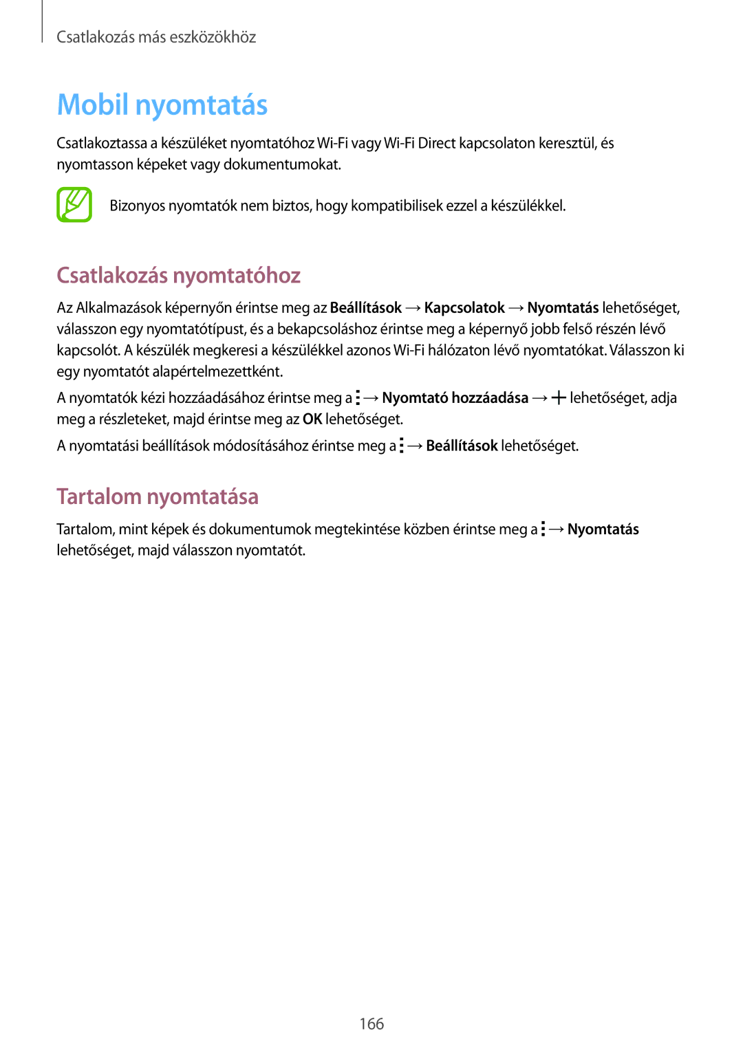 Samsung SM-T705NTSATMH, SM-T705NZWAATO, SM-T705NZWAXEO manual Mobil nyomtatás, Csatlakozás nyomtatóhoz, Tartalom nyomtatása 