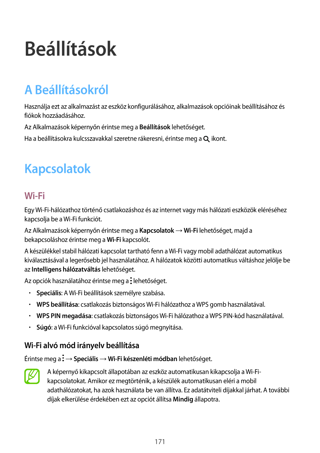 Samsung SM-T705NTSAATO, SM-T705NZWAATO manual Beállításokról, Kapcsolatok, Wi-Fi alvó mód irányelv beállítása 