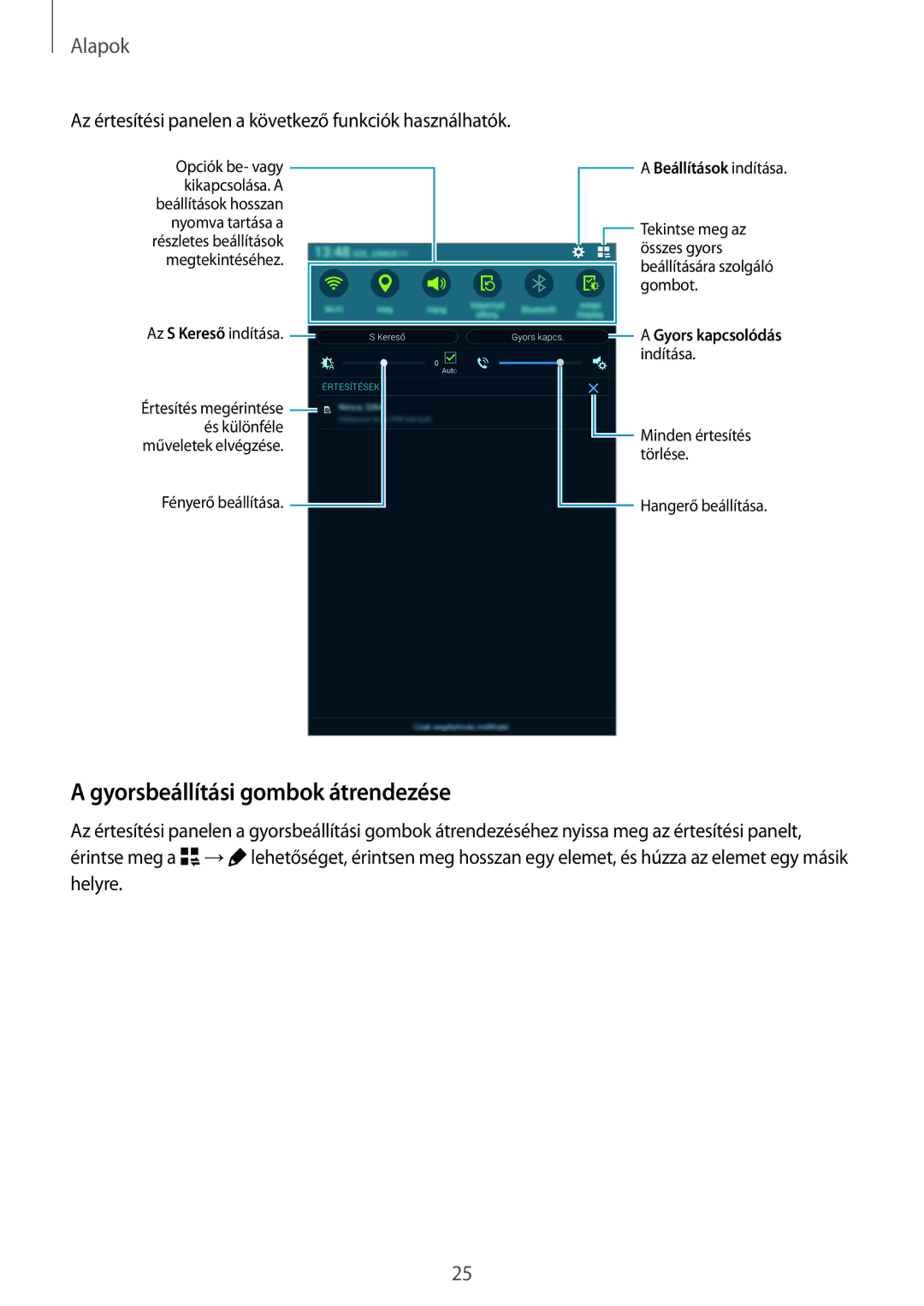 Samsung SM-T705NZWAXEO manual Gyorsbeállítási gombok átrendezése, Az értesítési panelen a következő funkciók használhatók 