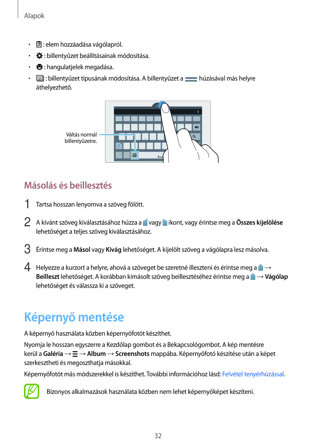 Samsung SM-T705NZWAPAN, SM-T705NZWAATO, SM-T705NZWAXEO, SM-T705NZWAEUR manual Képernyő mentése, Másolás és beillesztés 