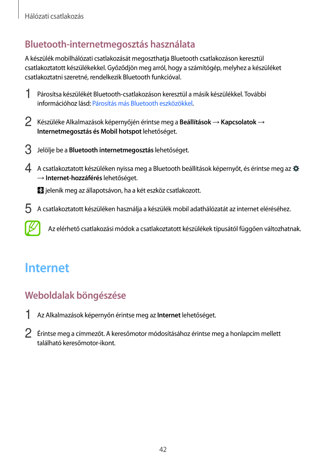 Samsung SM-T705NTSAXEZ, SM-T705NZWAATO manual Internet, Bluetooth-internetmegosztás használata, Weboldalak böngészése 