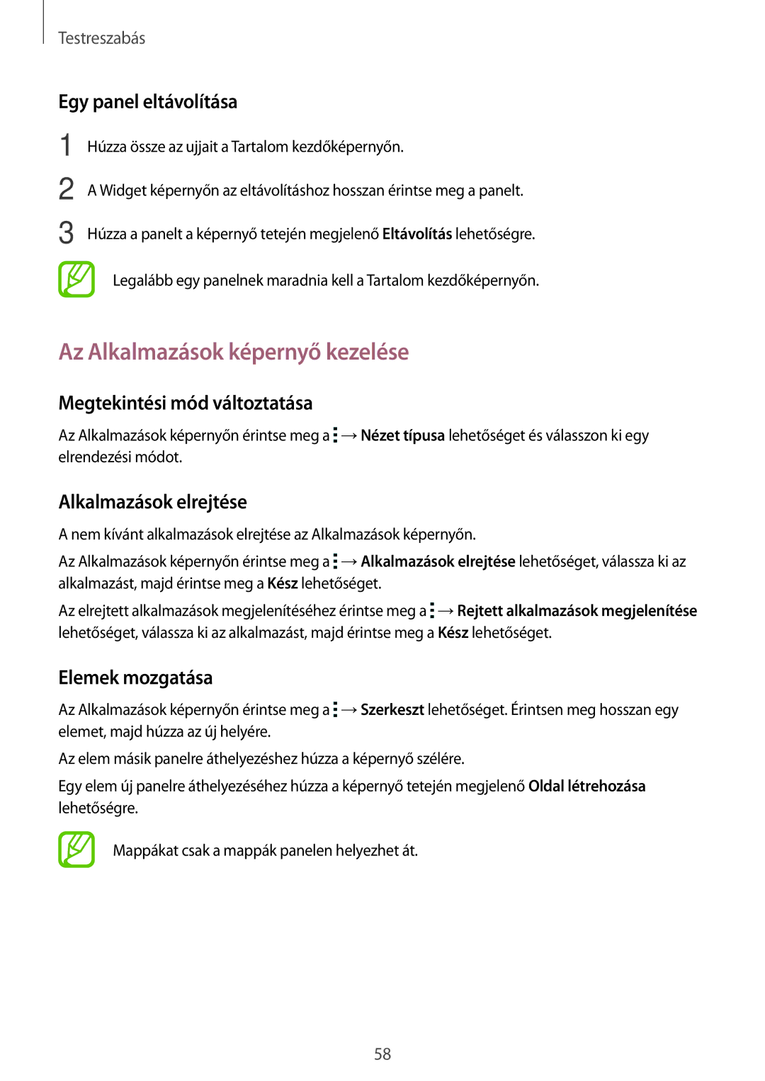 Samsung SM-T705NTSATMH manual Az Alkalmazások képernyő kezelése, Egy panel eltávolítása, Megtekintési mód változtatása 