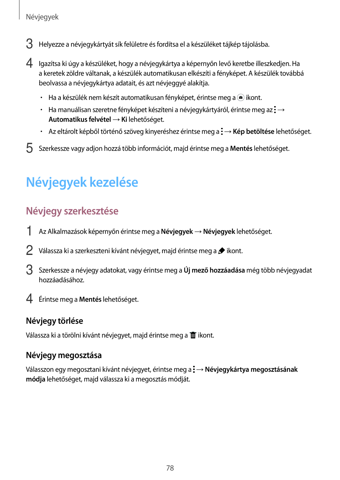 Samsung SM-T705NTSAXEZ, SM-T705NZWAATO manual Névjegyek kezelése, Névjegy szerkesztése, Névjegy törlése, Névjegy megosztása 