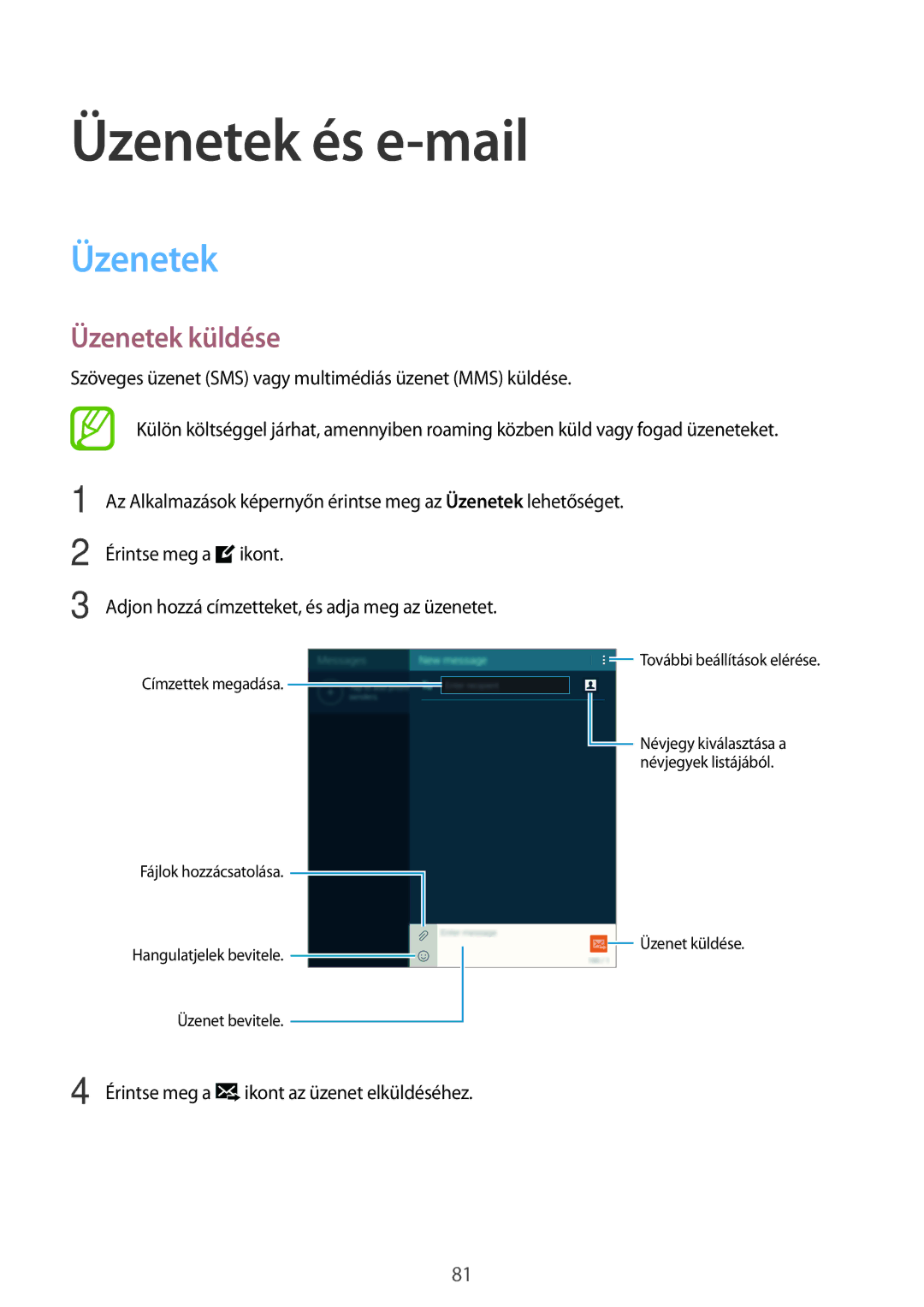 Samsung SM-T705NTSAXEH, SM-T705NZWAATO, SM-T705NZWAXEO, SM-T705NZWAEUR, SM-T705NTSAATO Üzenetek és e-mail, Üzenetek küldése 