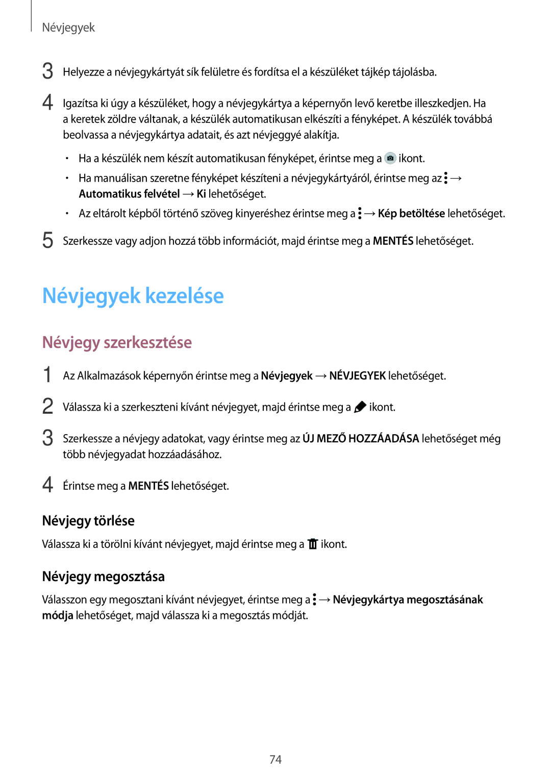 Samsung SM-T705NZWAEUR, SM-T705NZWAATO manual Névjegyek kezelése, Névjegy szerkesztése, Névjegy törlése, Névjegy megosztása 