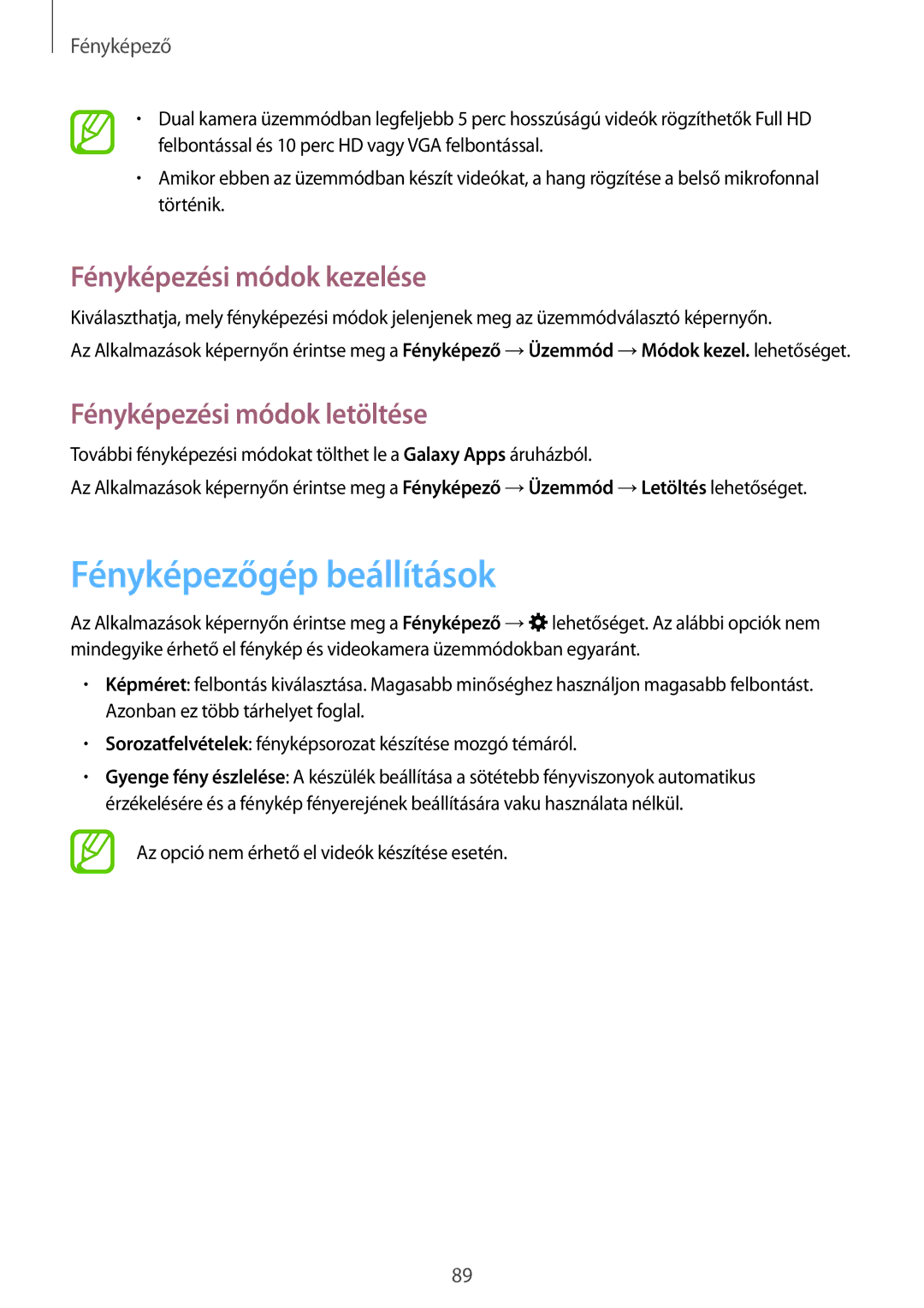 Samsung SM-T705NZWAVDH manual Fényképezőgép beállítások, Fényképezési módok kezelése, Fényképezési módok letöltése 