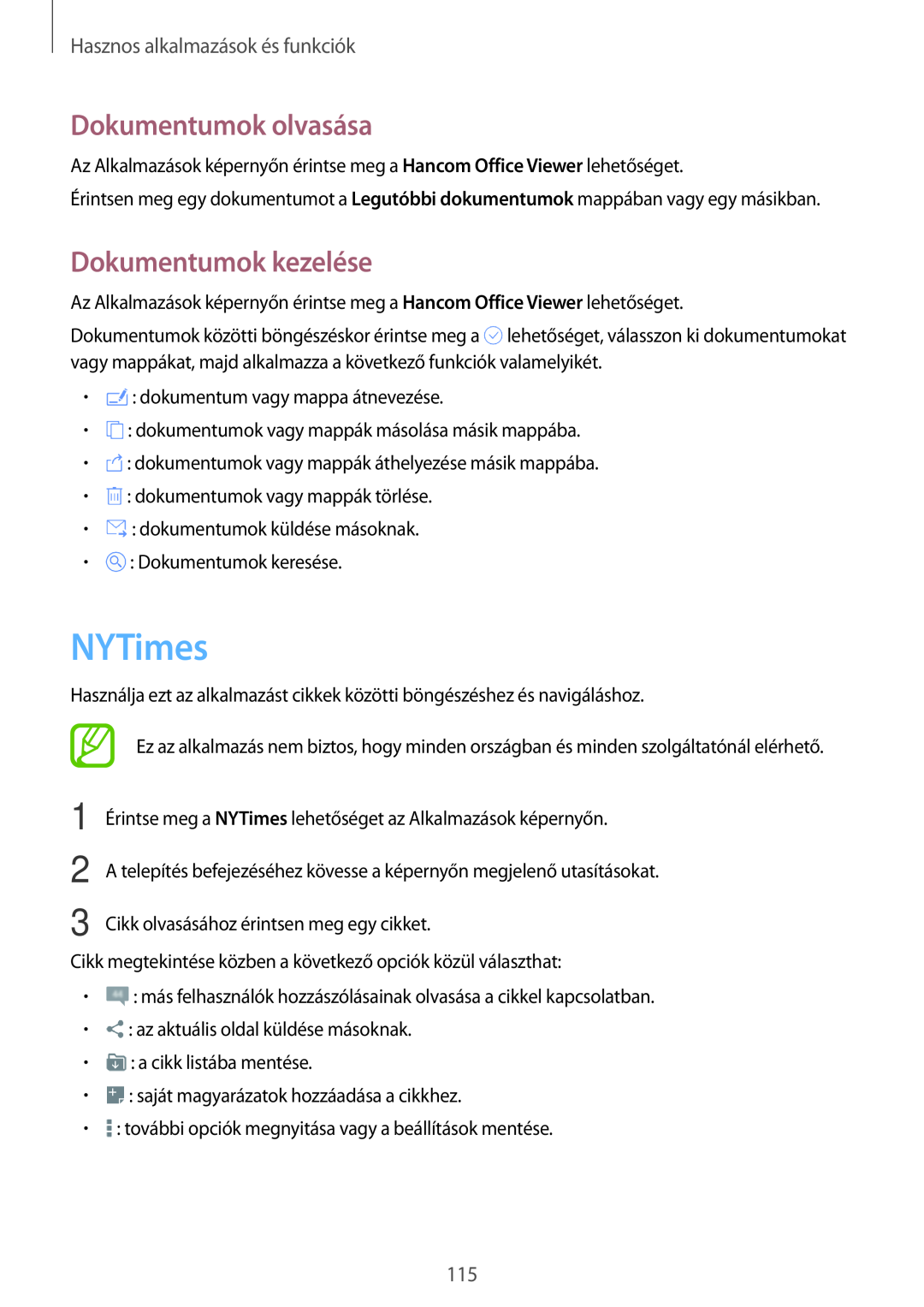 Samsung SM-T705NZWAXEH manual NYTimes, Dokumentumok olvasása, Dokumentumok kezelése, Hasznos alkalmazások és funkciók 