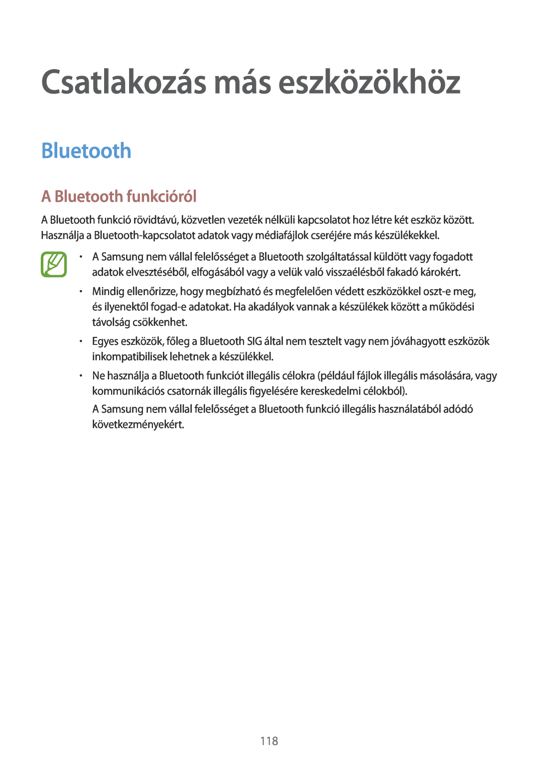 Samsung SM-T705NZWAXEO, SM-T705NZWAATO, SM-T705NZWAEUR manual A Bluetooth funkcióról, Csatlakozás más eszközökhöz 