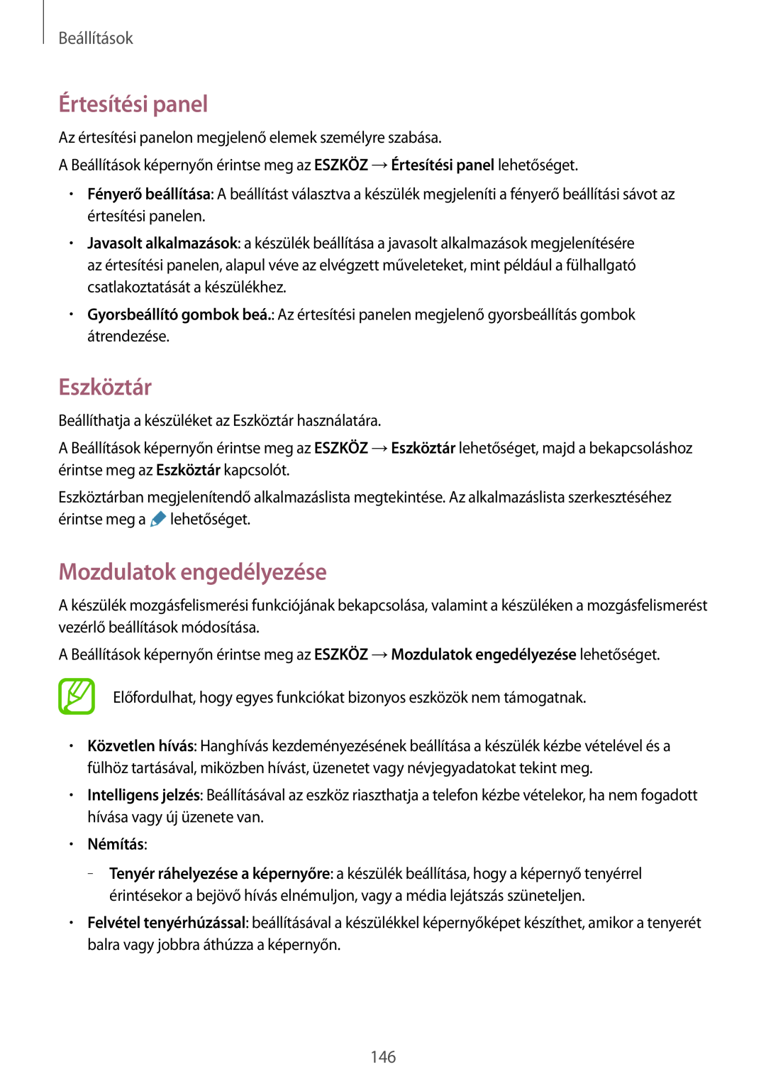 Samsung SM-T705NTSAATO, SM-T705NZWAATO manual Értesítési panel, Eszköztár, Mozdulatok engedélyezése, Némítás, Beállítások 