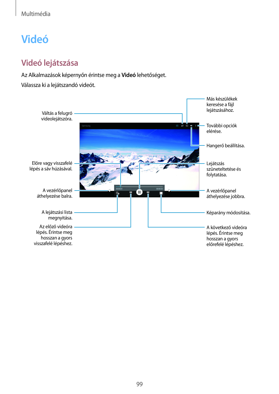 Samsung SM-T705NZWAPAN manual Videó lejátszása, Multimédia, Hangerő beállítása Lejátszás szüneteltetése és folytatása 