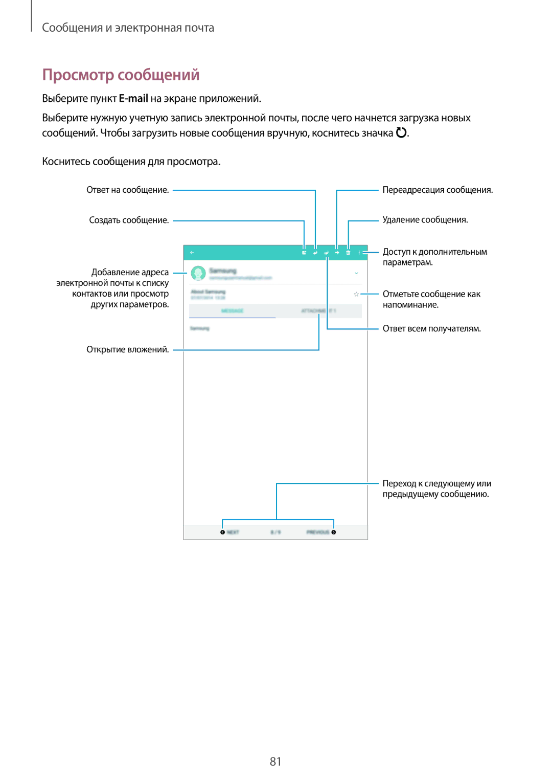 Samsung SM-T705NTSASER Просмотр сообщений, Выберите пункт E-mailна экране приложений, Коснитесь сообщения для просмотра 