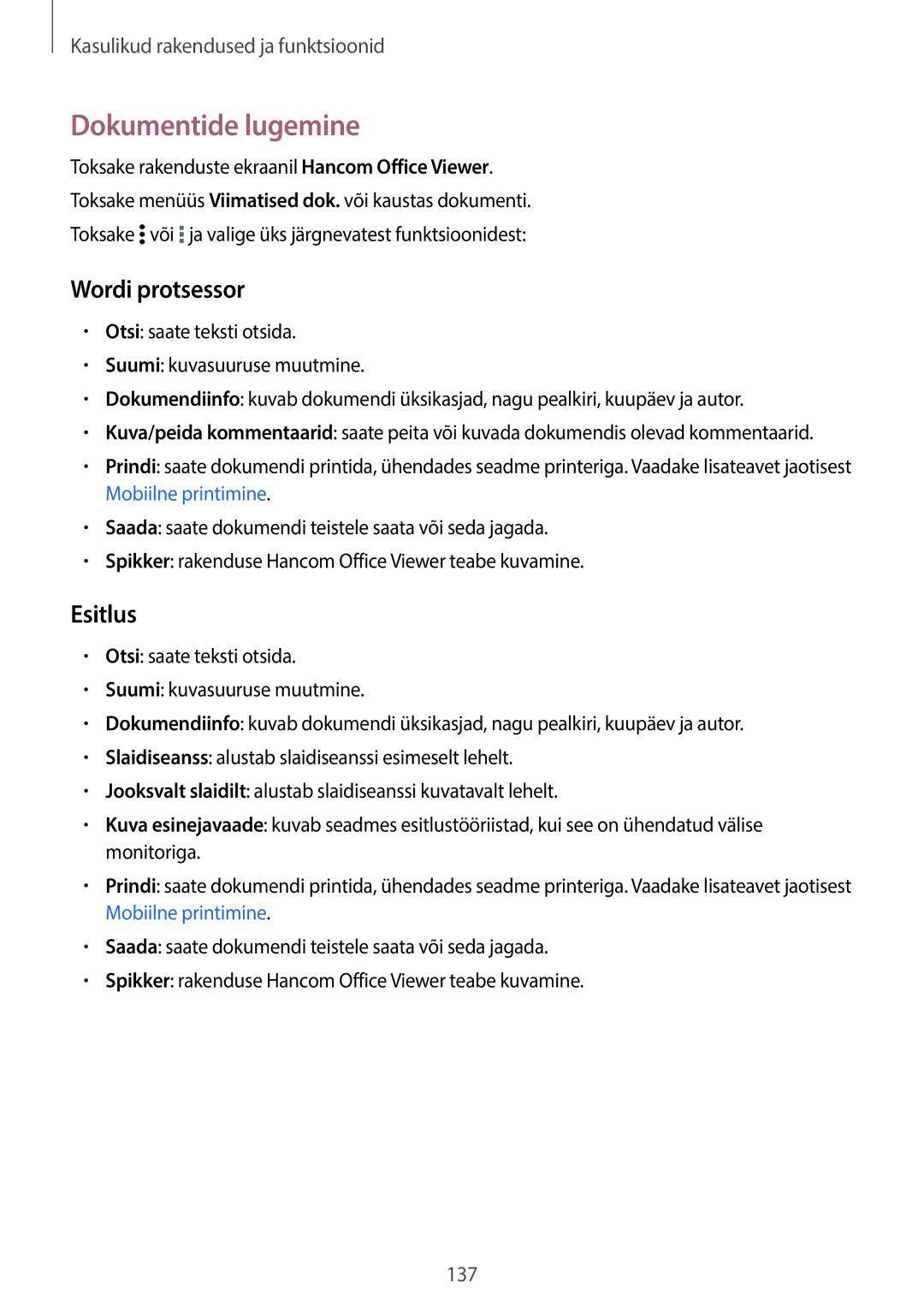 Samsung SM-T705NTSASEB, SM-T705NZWASEB manual Dokumentide lugemine, Wordi protsessor, Esitlus 