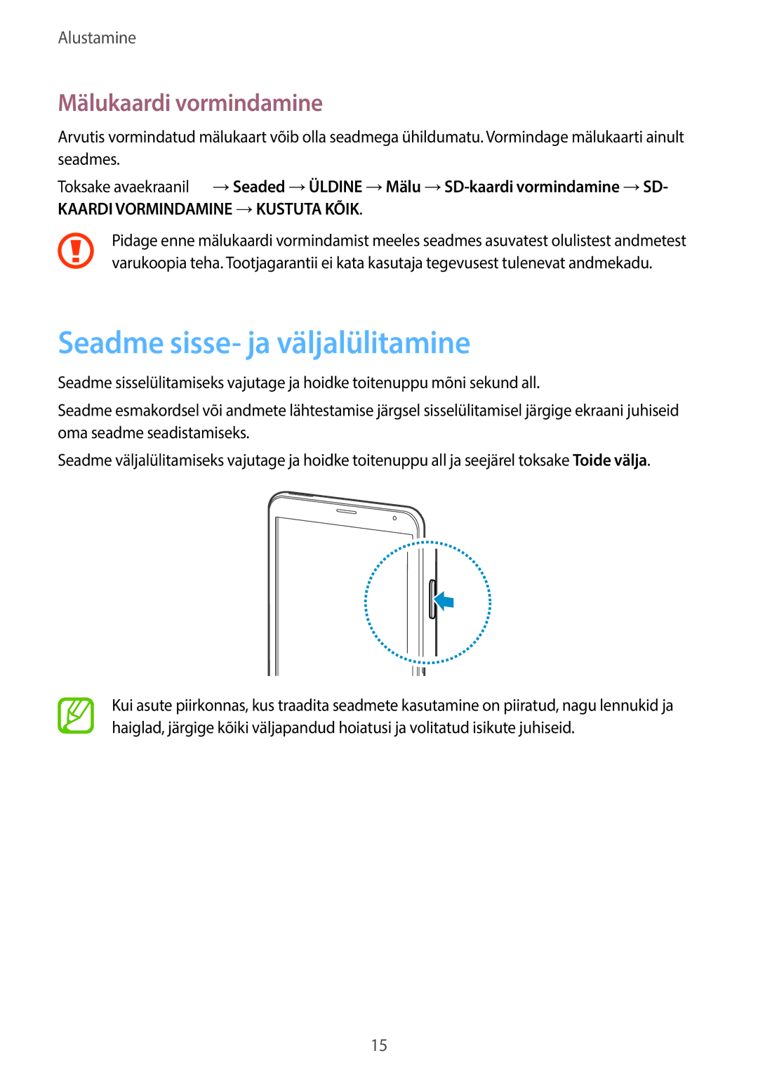 Samsung SM-T705NTSASEB, SM-T705NZWASEB manual Seadme sisse- ja väljalülitamine, Mälukaardi vormindamine 