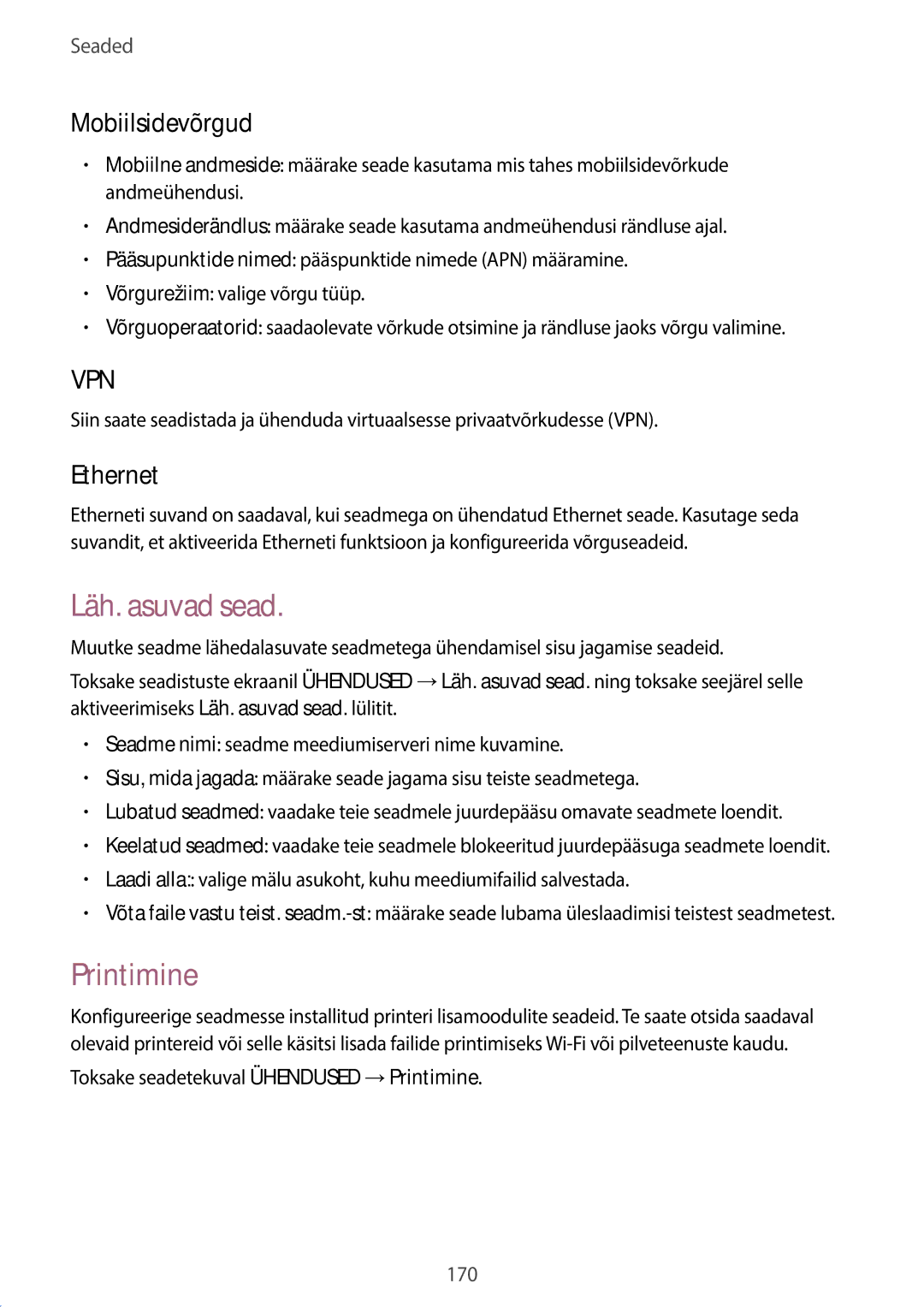 Samsung SM-T705NZWASEB, SM-T705NTSASEB manual Läh. asuvad sead, Printimine, Mobiilsidevõrgud, Ethernet 