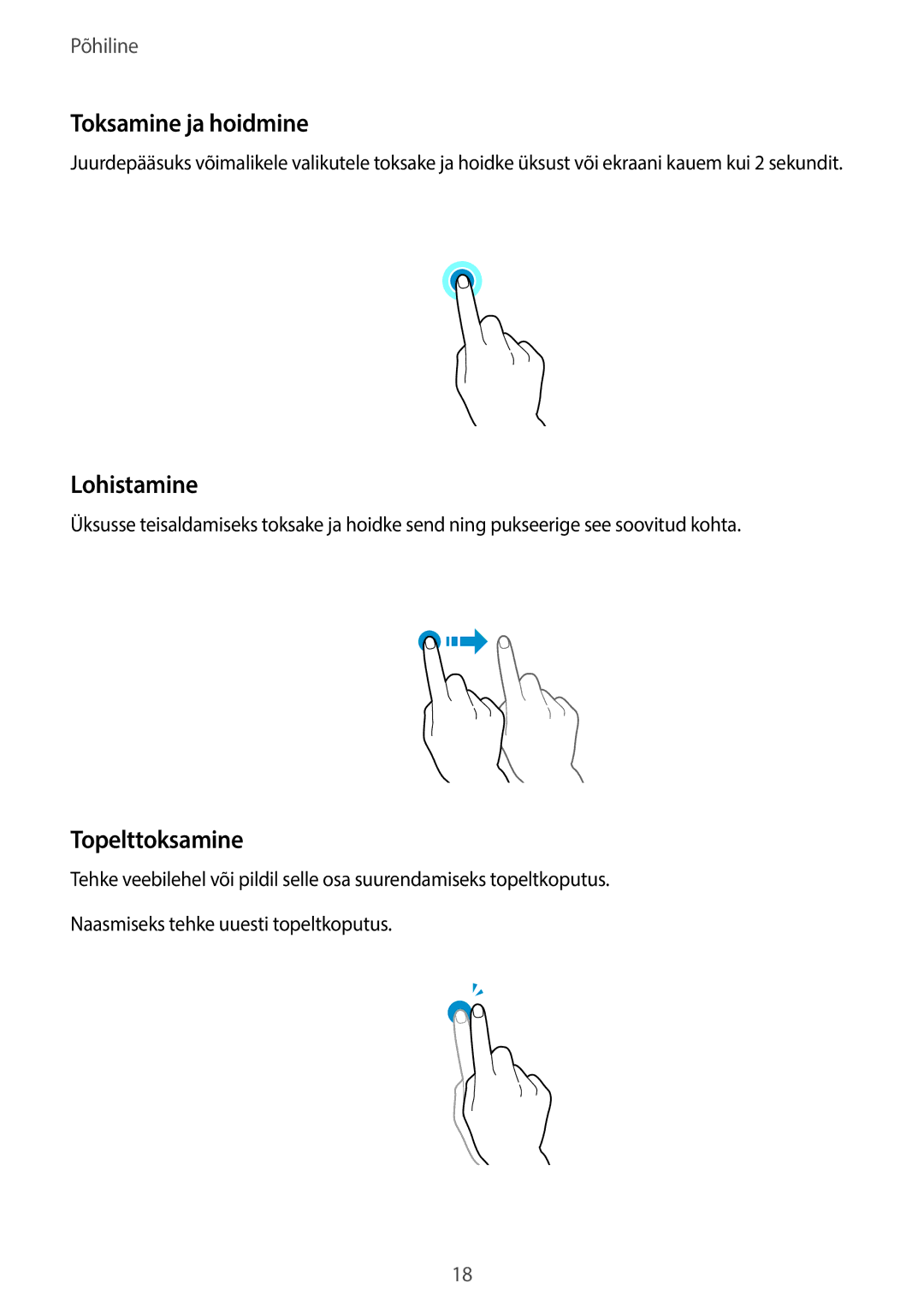 Samsung SM-T705NZWASEB, SM-T705NTSASEB manual Toksamine ja hoidmine, Lohistamine, Topelttoksamine 