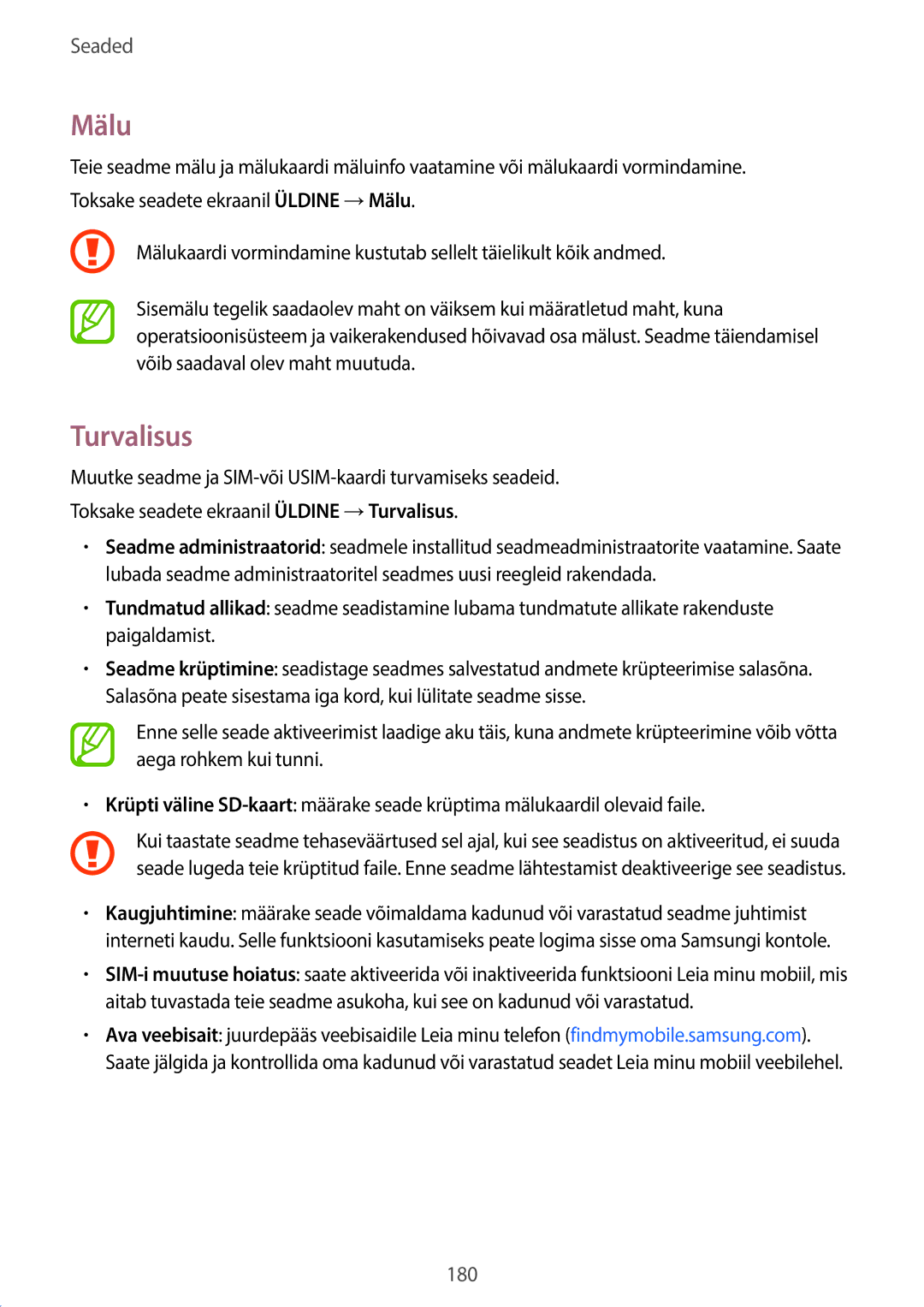 Samsung SM-T705NZWASEB, SM-T705NTSASEB manual Mälu, Turvalisus 