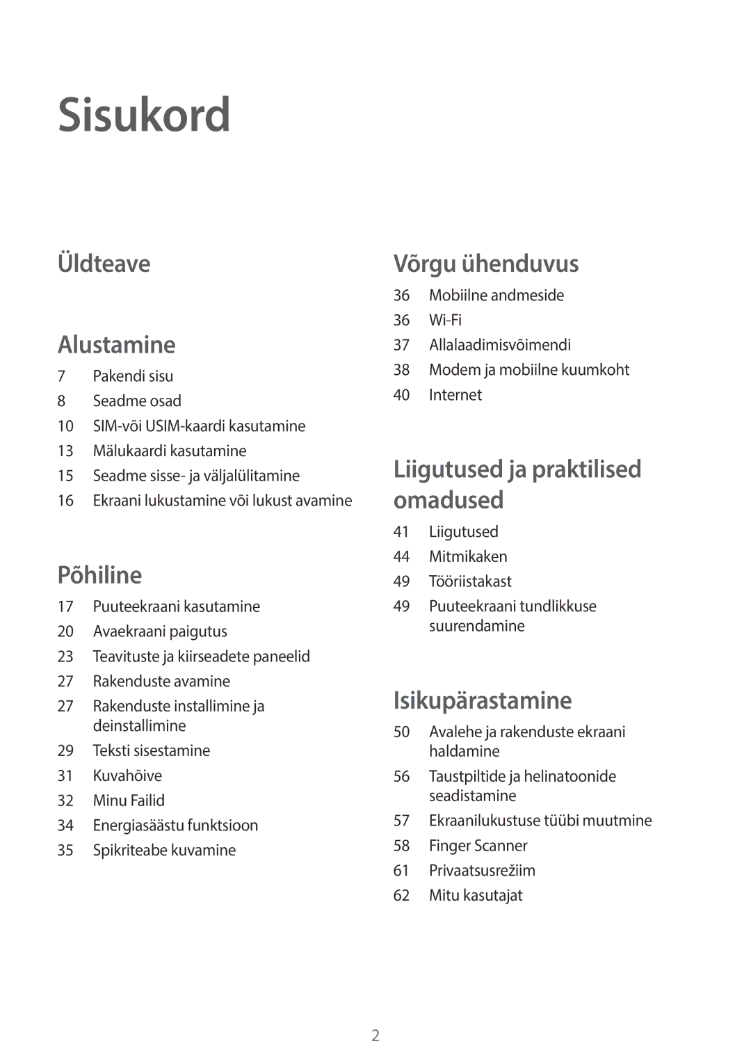 Samsung SM-T705NZWASEB, SM-T705NTSASEB manual Sisukord, Üldteave Alustamine 