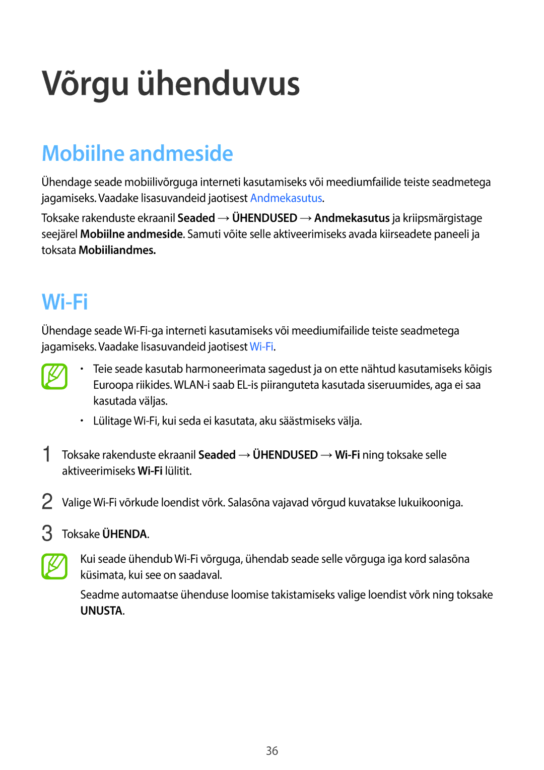 Samsung SM-T705NZWASEB, SM-T705NTSASEB manual Võrgu ühenduvus, Mobiilne andmeside, Wi-Fi 