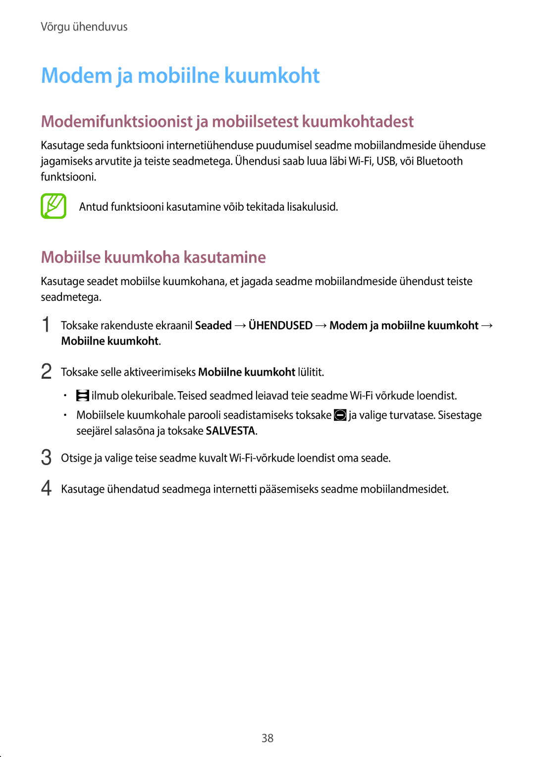 Samsung SM-T705NZWASEB, SM-T705NTSASEB manual Modem ja mobiilne kuumkoht, Modemifunktsioonist ja mobiilsetest kuumkohtadest 