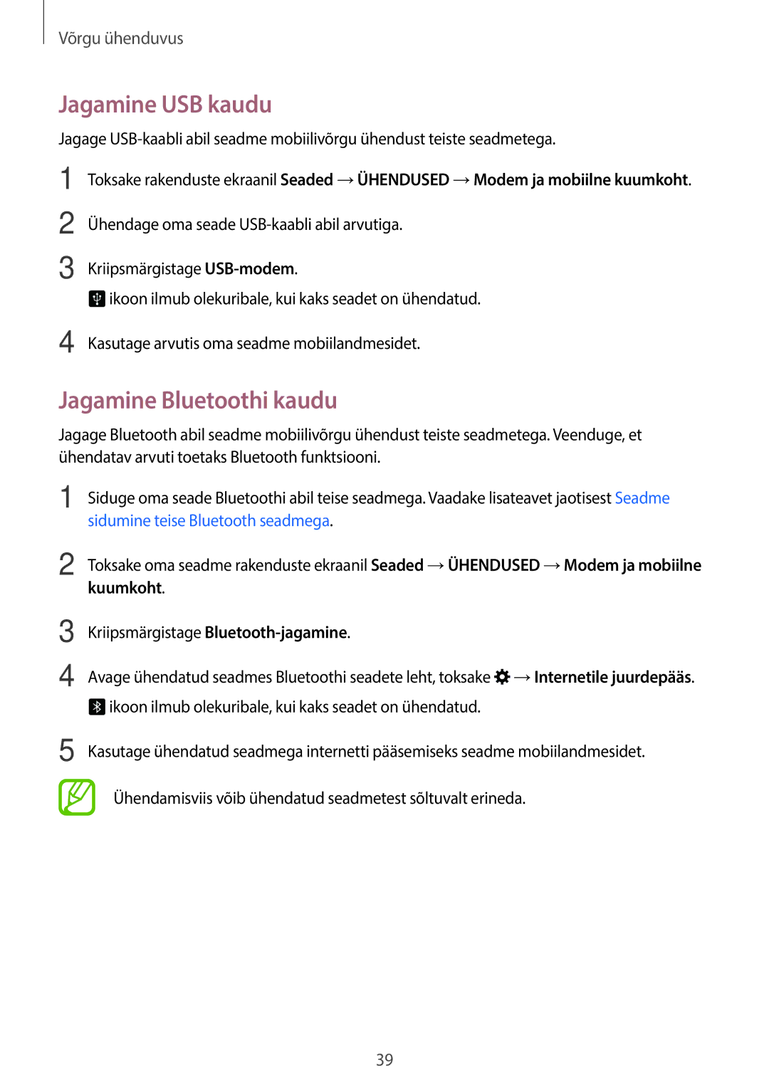 Samsung SM-T705NTSASEB, SM-T705NZWASEB manual Jagamine USB kaudu, Jagamine Bluetoothi kaudu, Kuumkoht 