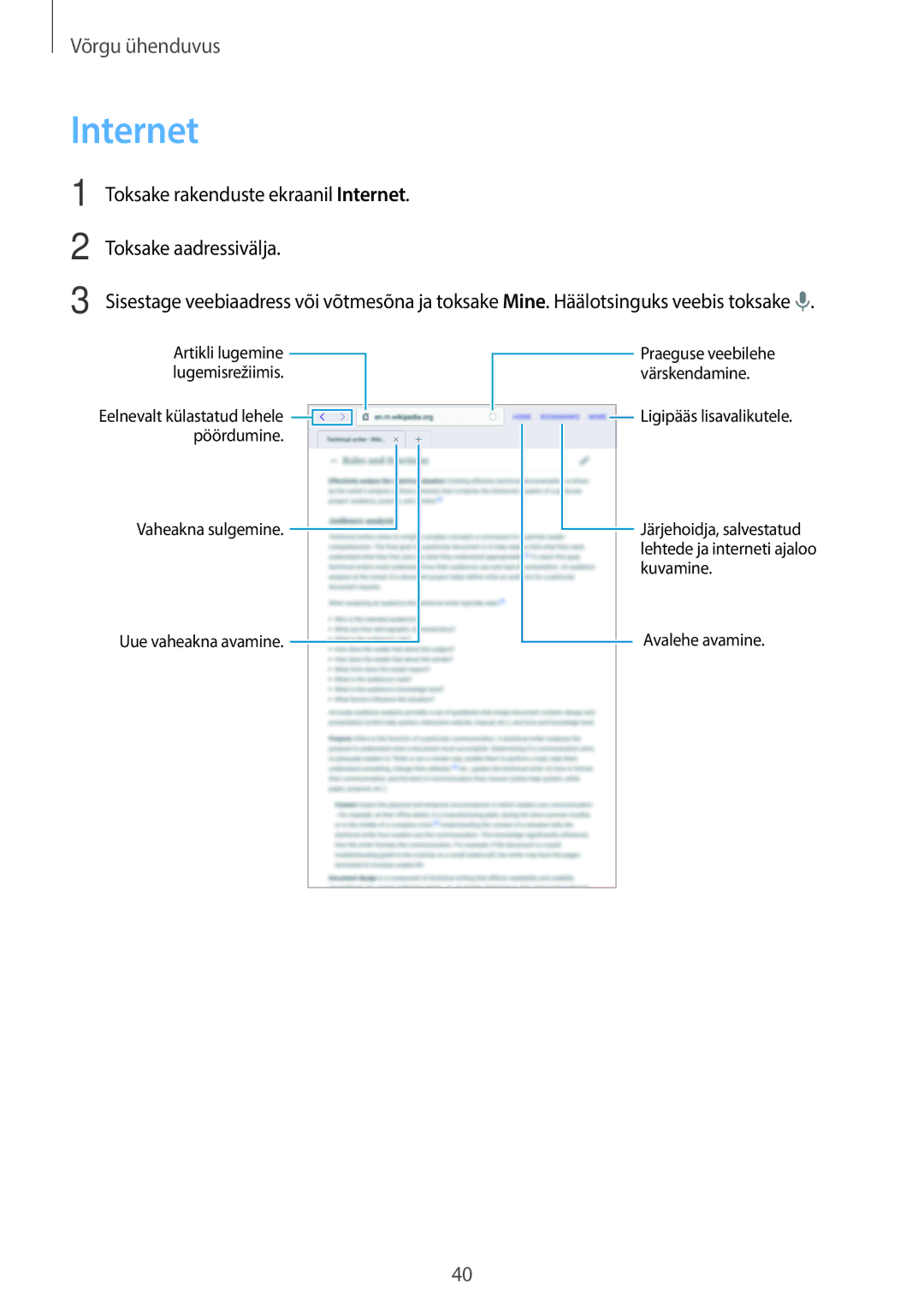 Samsung SM-T705NZWASEB, SM-T705NTSASEB manual Toksake rakenduste ekraanil Internet Toksake aadressivälja 