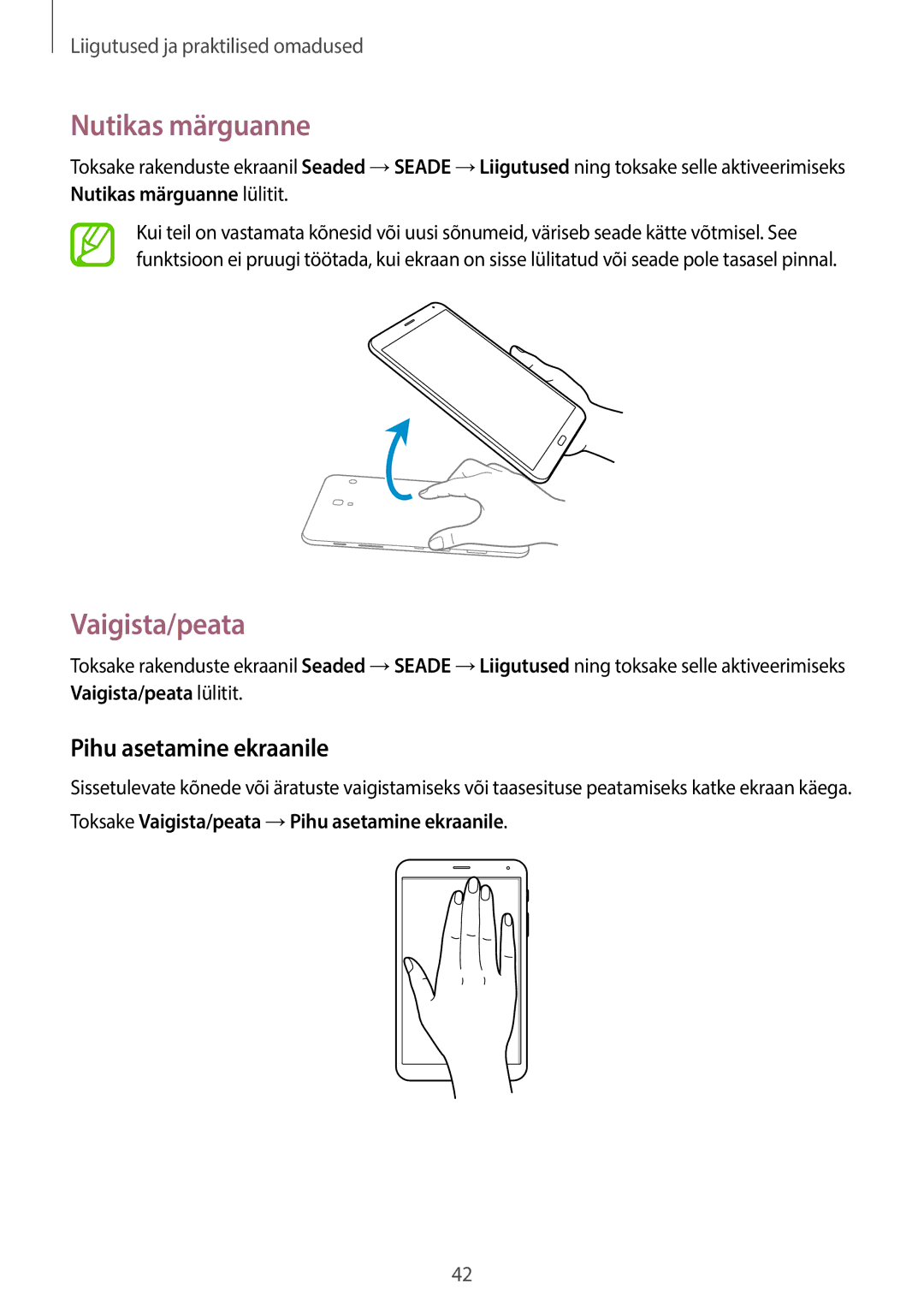 Samsung SM-T705NZWASEB, SM-T705NTSASEB manual Nutikas märguanne, Vaigista/peata, Pihu asetamine ekraanile 