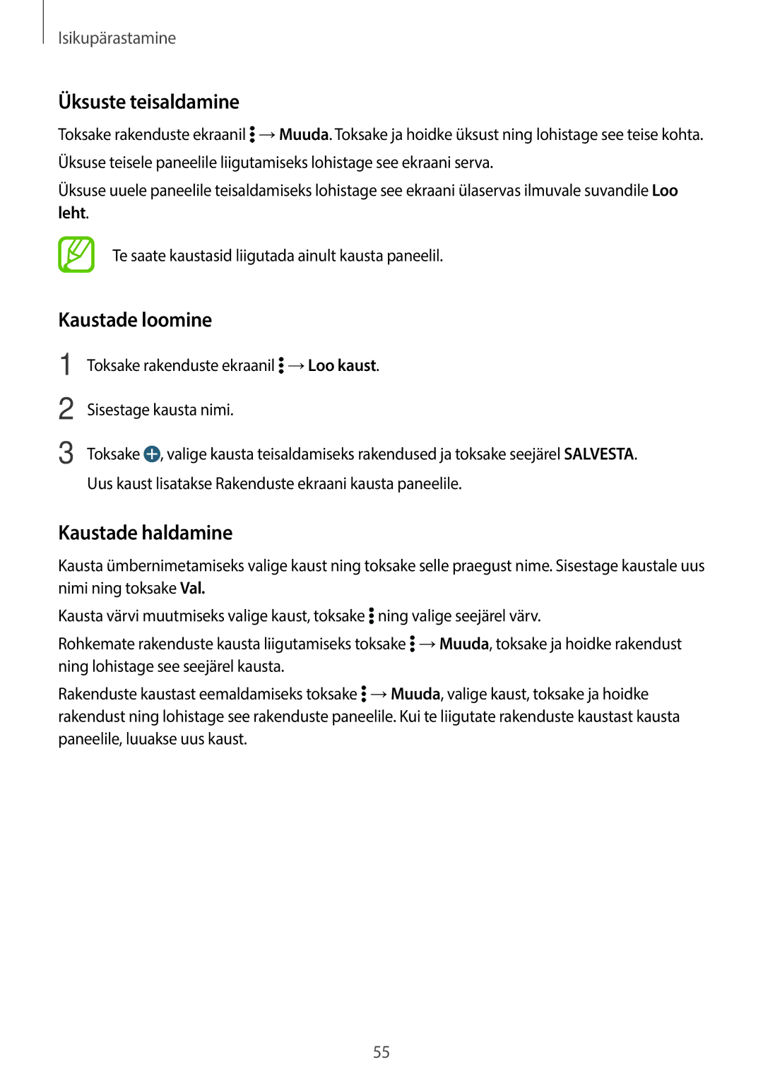 Samsung SM-T705NTSASEB, SM-T705NZWASEB manual Üksuste teisaldamine, Kaustade loomine, Leht 