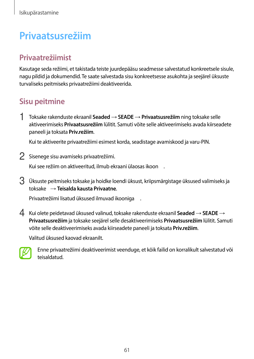 Samsung SM-T705NTSASEB, SM-T705NZWASEB manual Privaatsusrežiim, Privaatrežiimist, Sisu peitmine 